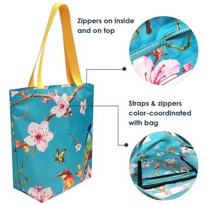 Wrapables Foldable Lightweight Tote Bag with Durable Ripstop Polyester for Shopping, Travel, Gym, Beach, Casual, Everyday, Small, Cherry Blossoms & Birds Image 2