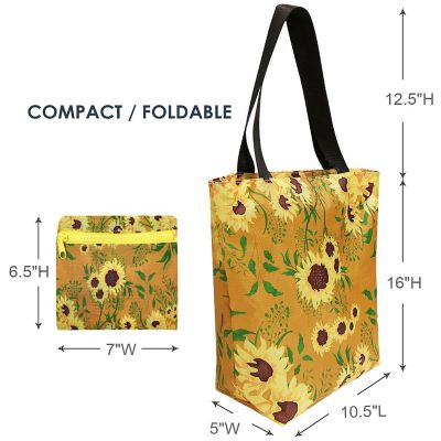 Wrapables Foldable Lightweight Tote Bag with Durable Ripstop Polyester for Shopping, Travel, Gym, Beach, Casual, Everyday, Small, Sunflowers Tan Image 1