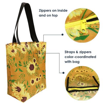 Wrapables Foldable Lightweight Tote Bag with Durable Ripstop Polyester for Shopping, Travel, Gym, Beach, Casual, Everyday, Small, Sunflowers Tan Image 2