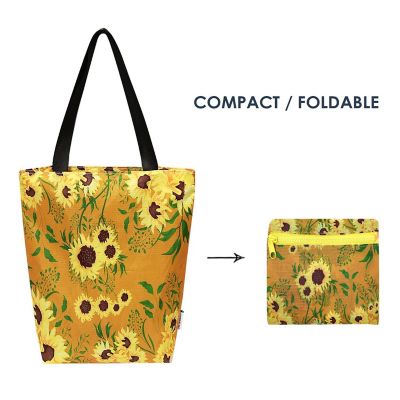 Wrapables Foldable Lightweight Tote Bag with Durable Ripstop Polyester for Shopping, Travel, Gym, Beach, Casual, Everyday, Small, Sunflowers Tan Image 3