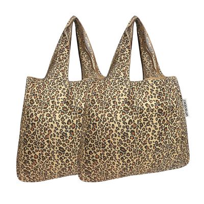 Wrapables Foldable Tote Nylon Reusable Grocery Bag (Set of 2), Leopard Print Image 1