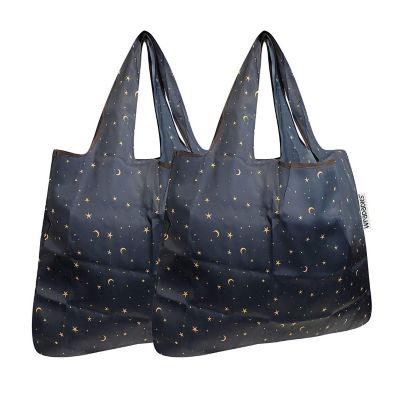 Wrapables Foldable Tote Nylon Reusable Grocery Bag (Set of 2), Moon & Stars Image 1