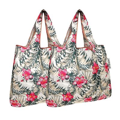 Wrapables Foldable Tote Nylon Reusable Grocery Bag (Set of 2), Tropica Pink Floral Image 1