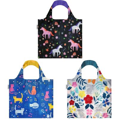 Wrapables Foldable Tote Reusable Grocery Bags, 3 Pack, Clever Animals Image 1