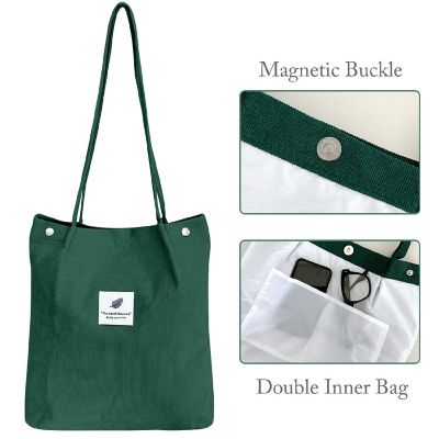 Wrapables Forest Green Corduroy Tote Bag, Casual Everyday Shoulder Handbag Image 2
