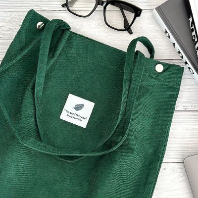 Wrapables Forest Green Corduroy Tote Bag, Casual Everyday Shoulder Handbag Image 3