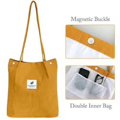 Wrapables Forest Green/Marigold Corduroy Tote Bag, Casual Everyday Shoulder Handbag, 2pcs Image 2
