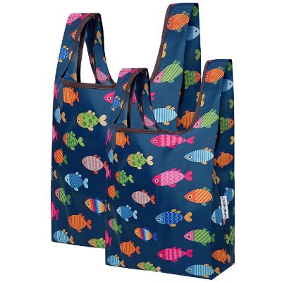 Wrapables JoliBag Nylon Reusable Grocery Bag, 2 Pack, Colorful Fish Image 1