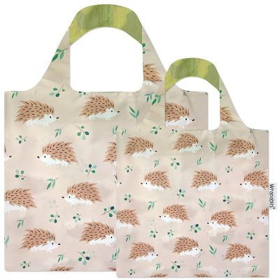 Wrapables Large & Small Allybag Foldable & Lightweight Reusable Grocery Bags (Set of 2), Hedgehogs Image 1