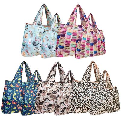 Wrapables Large & Small Foldable Tote Nylon Reusable Grocery Bags, Set of 10, Dinos, Felines, Macarons Image 1