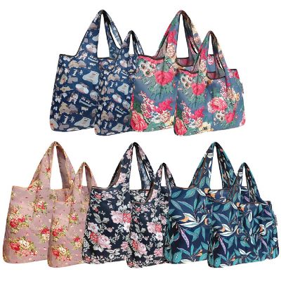 Wrapables Large & Small Foldable Tote Nylon Reusable Grocery Bags, Set of 10, Roses & Dogs Image 1