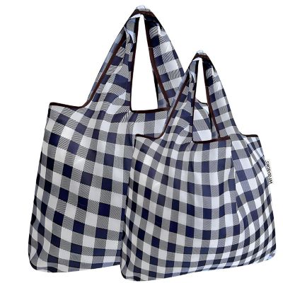 Wrapables Large & Small Foldable Tote Nylon Reusable Grocery Bags, Set of 2, Black Checkers Image 1