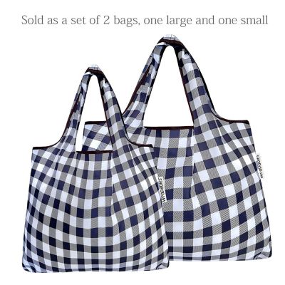 Wrapables Large & Small Foldable Tote Nylon Reusable Grocery Bags, Set of 2, Black Checkers Image 2