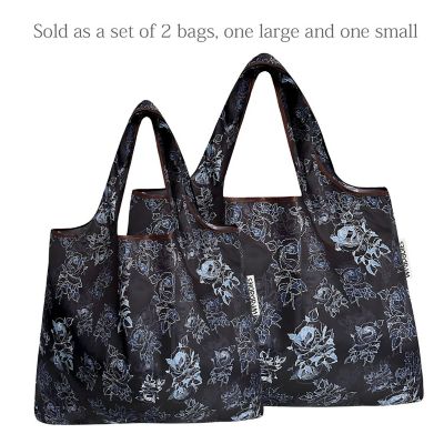 Wrapables Large & Small Foldable Tote Nylon Reusable Grocery Bags, Set of 2, Black Rose Shadow Image 2