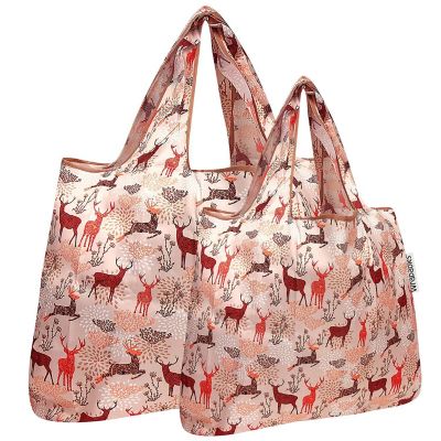 Wrapables Large & Small Foldable Tote Nylon Reusable Grocery Bags, Set of 2, Deer Image 1