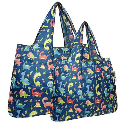 Wrapables Large & Small Foldable Tote Nylon Reusable Grocery Bags, Set of 2, Dinosaurs Image 1