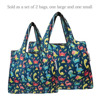 Wrapables Large & Small Foldable Tote Nylon Reusable Grocery Bags, Set of 2, Dinosaurs Image 2