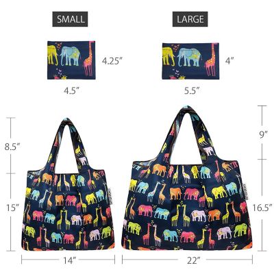 Wrapables Large & Small Foldable Tote Nylon Reusable Grocery Bags, Set of 2, Elephants & Giraffes Image 1