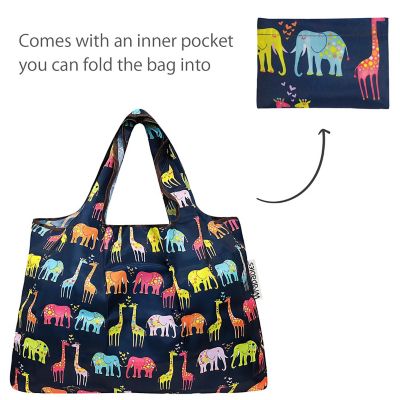Wrapables Large & Small Foldable Tote Nylon Reusable Grocery Bags, Set of 2, Elephants & Giraffes Image 3