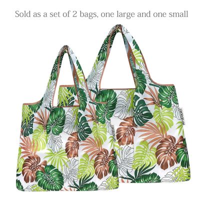 Wrapables Large & Small Foldable Tote Nylon Reusable Grocery Bags, Set of 2, Fern Leaves Image 2