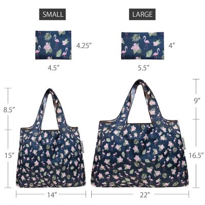 Wrapables Large & Small Foldable Tote Nylon Reusable Grocery Bags, Set of 2, Flamingoes & Floral Image 1