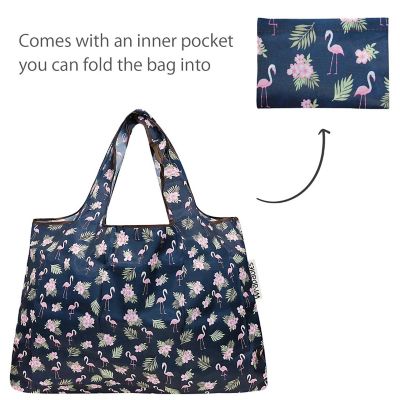 Wrapables Large & Small Foldable Tote Nylon Reusable Grocery Bags, Set of 2, Flamingoes & Floral Image 3