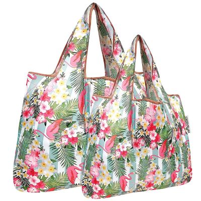 Wrapables Large & Small Foldable Tote Nylon Reusable Grocery Bags, Set of 2, Flamingos & Tropical Flowers Image 1