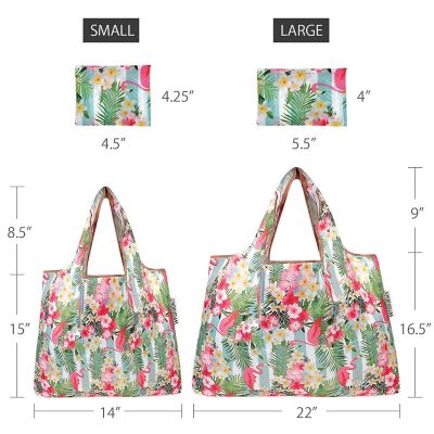 Wrapables Large & Small Foldable Tote Nylon Reusable Grocery Bags, Set of 2, Flamingos & Tropical Flowers Image 1