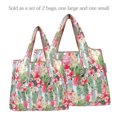 Wrapables Large & Small Foldable Tote Nylon Reusable Grocery Bags, Set of 2, Flamingos & Tropical Flowers Image 2