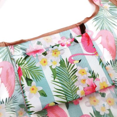 Wrapables Large & Small Foldable Tote Nylon Reusable Grocery Bags, Set of 2, Flamingos & Tropical Flowers Image 3