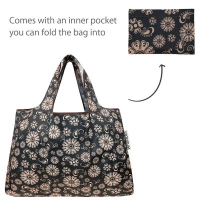 Wrapables Large & Small Foldable Tote Nylon Reusable Grocery Bags, Set of 2, Floral Deco Image 3