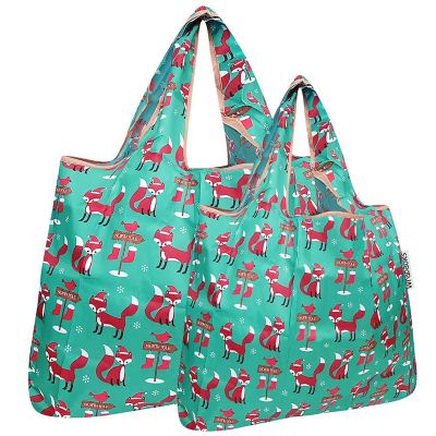 Wrapables Large & Small Foldable Tote Nylon Reusable Grocery Bags, Set of 2, Foxes Image 1