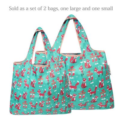 Wrapables Large & Small Foldable Tote Nylon Reusable Grocery Bags, Set of 2, Foxes Image 2