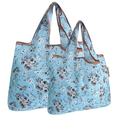 Wrapables Large & Small Foldable Tote Nylon Reusable Grocery Bags, Set of 2, Gray Floral Image 1