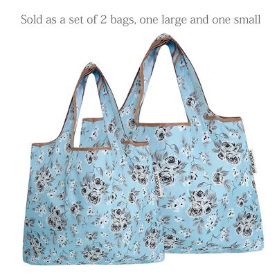 Wrapables Large & Small Foldable Tote Nylon Reusable Grocery Bags, Set of 2, Gray Floral Image 2