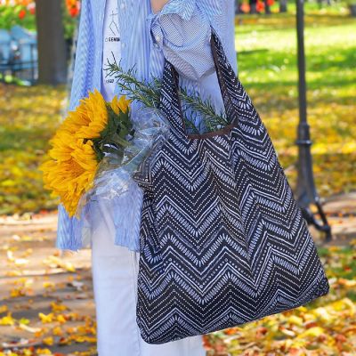 Wrapables Large & Small Foldable Tote Nylon Reusable Grocery Bags, Set of 2, Intricate Chevron Image 3