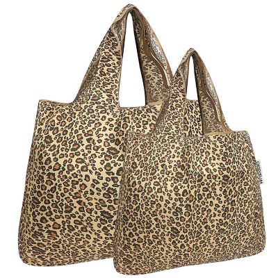 Wrapables Large & Small Foldable Tote Nylon Reusable Grocery Bags, Set of 2, Leopard Print Image 1