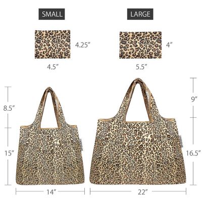 Wrapables Large & Small Foldable Tote Nylon Reusable Grocery Bags, Set of 2, Leopard Print Image 1