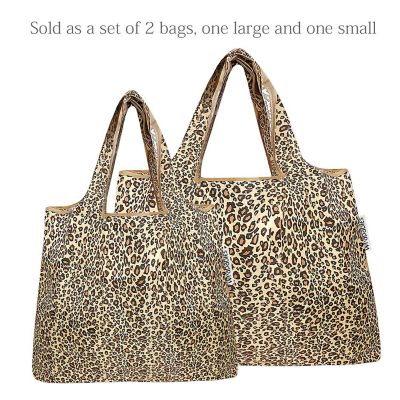 Wrapables Large & Small Foldable Tote Nylon Reusable Grocery Bags, Set of 2, Leopard Print Image 2