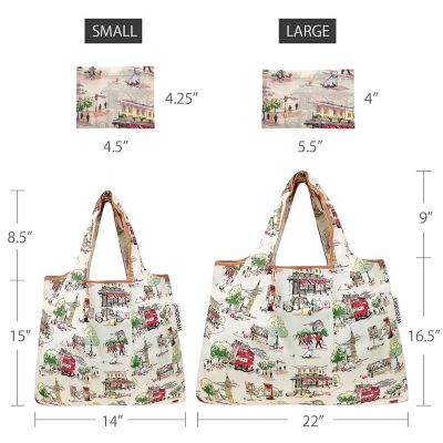 Wrapables Large & Small Foldable Tote Nylon Reusable Grocery Bags, Set of 2, London Image 1