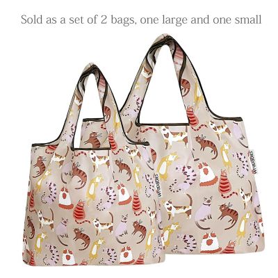 Wrapables Large & Small Foldable Tote Nylon Reusable Grocery Bags, Set of 2, Neutral Felines Image 2