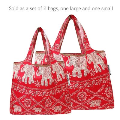 Wrapables Large & Small Foldable Tote Nylon Reusable Grocery Bags, Set of 2, Regal Elephants Image 2
