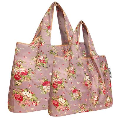 Wrapables Large & Small Foldable Tote Nylon Reusable Grocery Bags, Set of 2, Roses on Khaki Image 1