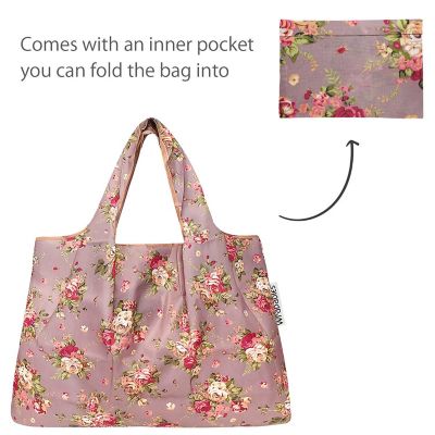 Wrapables Large & Small Foldable Tote Nylon Reusable Grocery Bags, Set of 2, Roses on Khaki Image 3