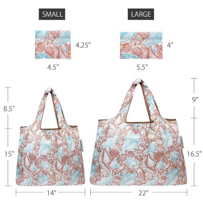 Wrapables Large & Small Foldable Tote Nylon Reusable Grocery Bags, Set of 2, Seashells Image 1
