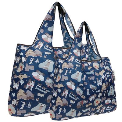 Wrapables Large & Small Foldable Tote Nylon Reusable Grocery Bags, Set of 2, Silly Dogs Image 1