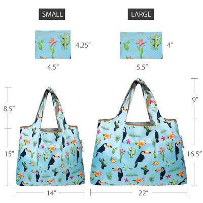 Wrapables Large & Small Foldable Tote Nylon Reusable Grocery Bags, Set of 2, Toucan & Cacti Image 1