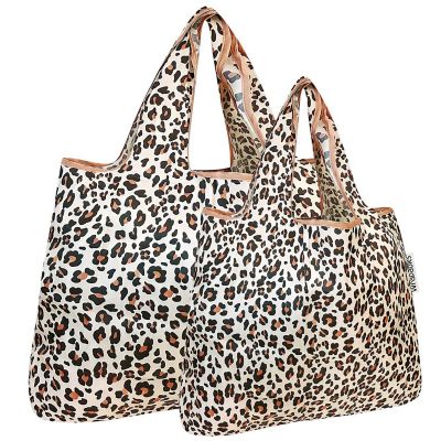 Wrapables Large & Small Foldable Tote Nylon Reusable Grocery Bags, Set of 2, Wild Cat Image 1