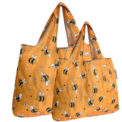 Wrapables Large & Small Foldable Tote Nylon Reusable Grocery Bags, Set of 2, Yellow Bees Image 1