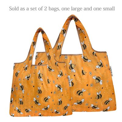 Wrapables Large & Small Foldable Tote Nylon Reusable Grocery Bags, Set of 2, Yellow Bees Image 2